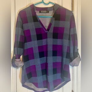 YOINS Women's Plaid V-Neck Blouse in Purple and Grey